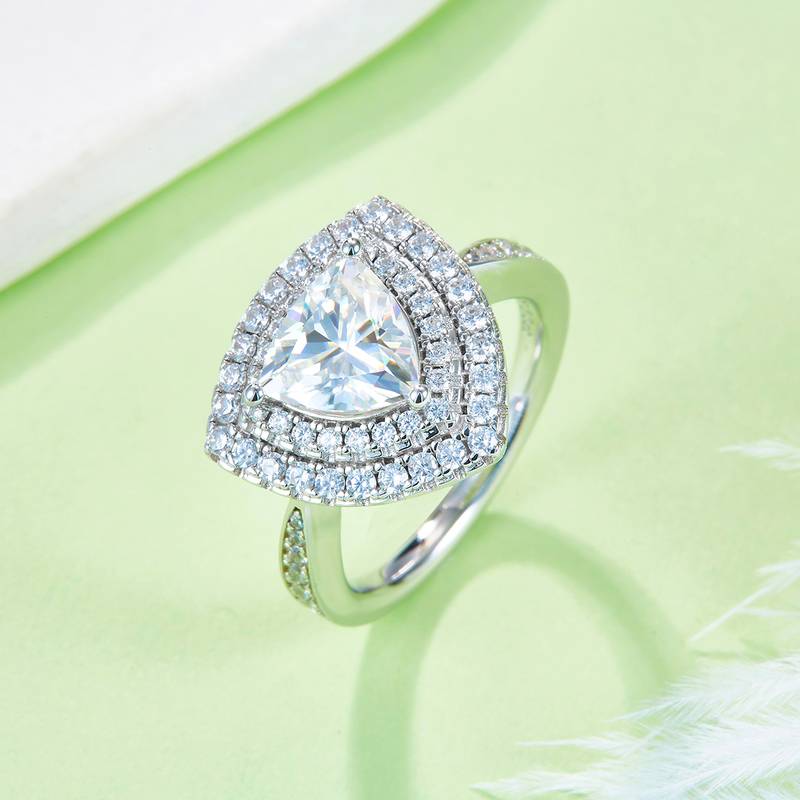 豪镶三角形S925银镀白金MoissaniteWomen's Ring2.0ctD级